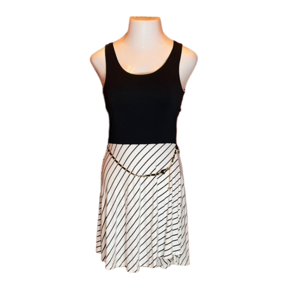 GILLI Black & White Striped Cut-Out Tank Dress w/ Chain Belt Size L